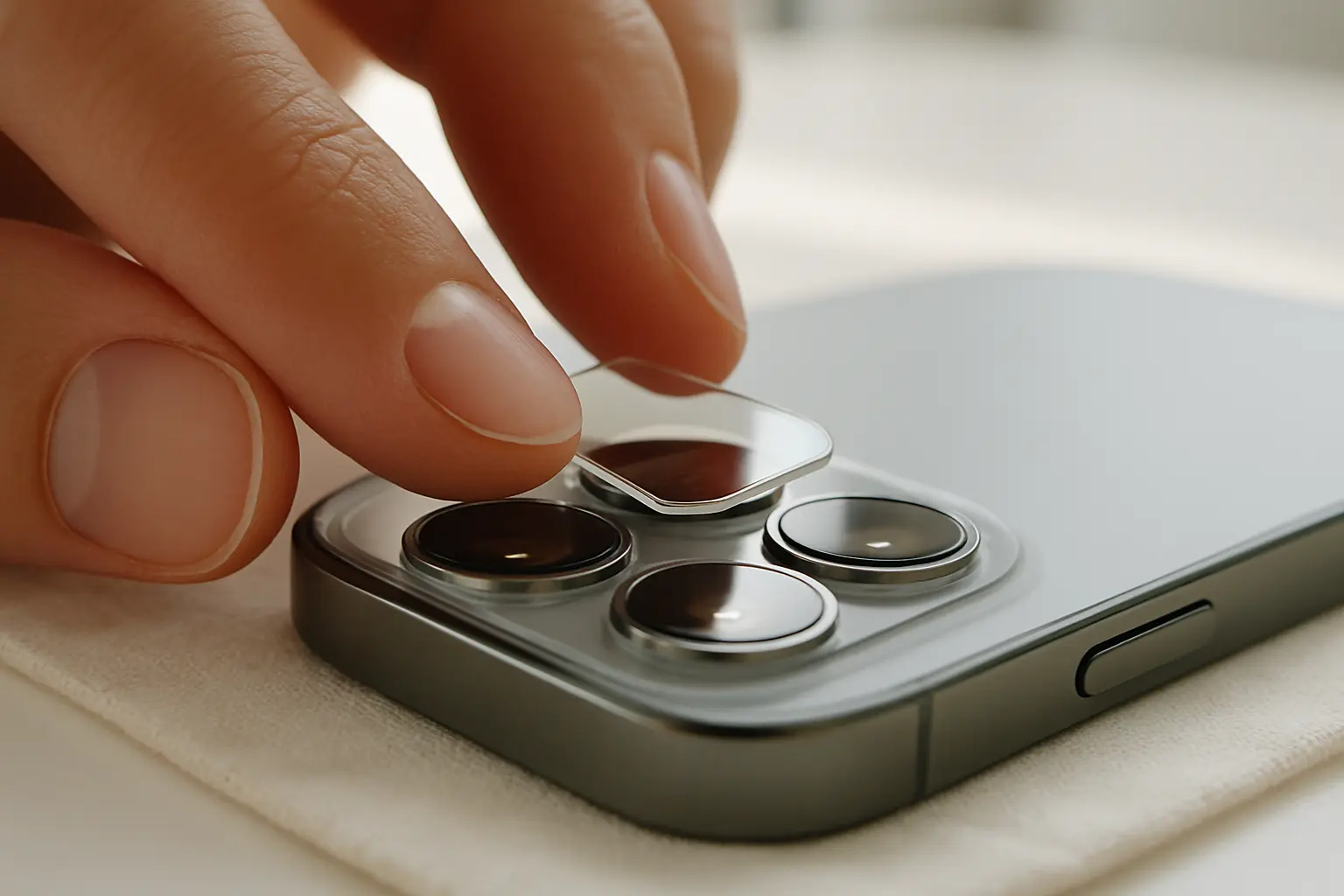 Přitlačení ochranného skla na fotoaparát telefonu